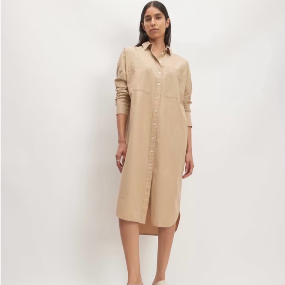 Everlane Oxford Midi Long Sleeve T-Shirt Dress L‎ Tan Khaki Button Down Cotton